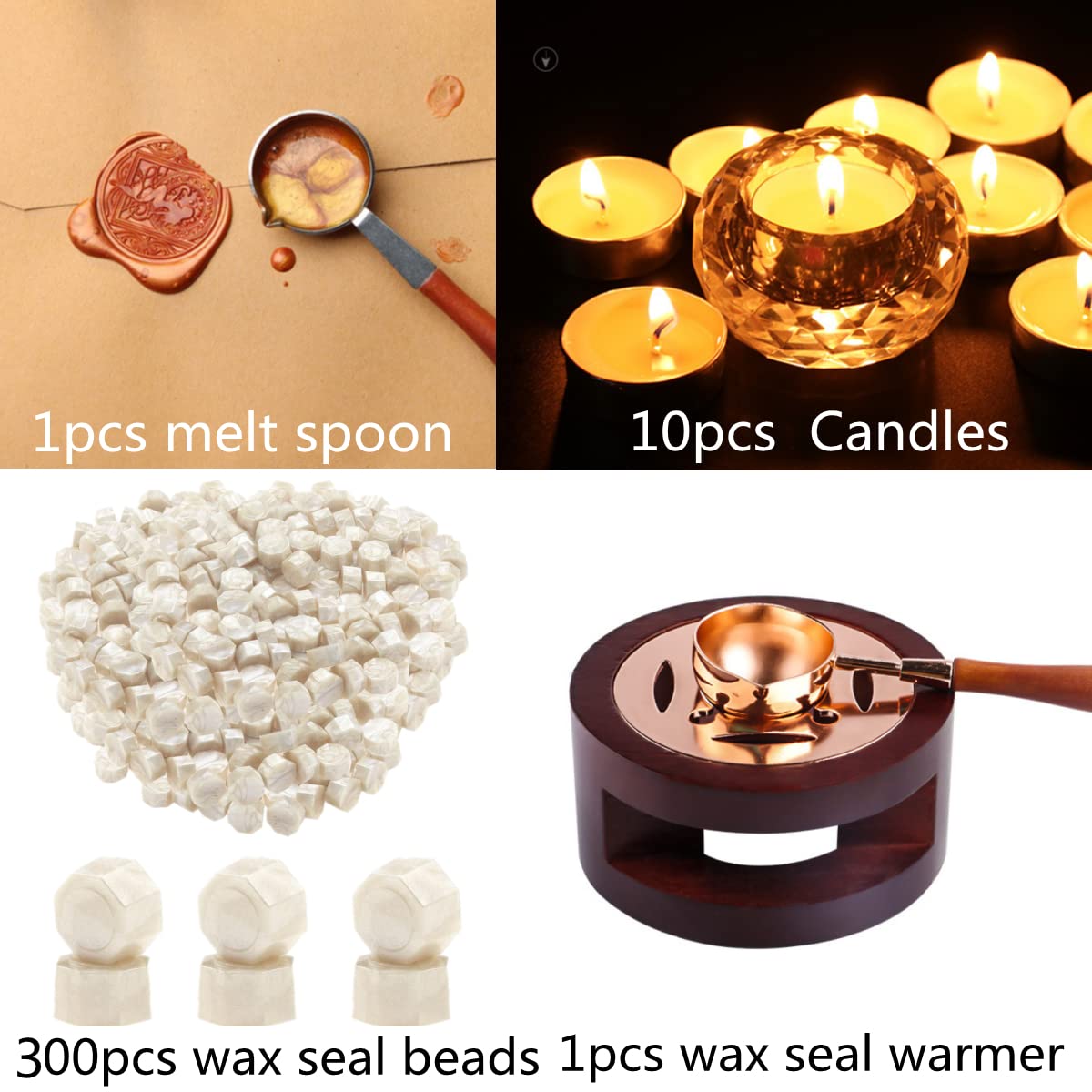 Wax Sealing Beads, ONWINPOR 300pcs Pearl White Wax Seal Beads, 1pcs Wooden Wax Seal Warmer, 1pcs Melted Spoon and 10pcs Tea Candles for Wax Sealing Stamp Kit (Pearl White)
