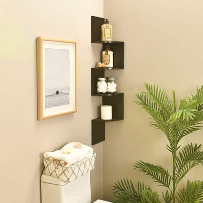 4 WELLAND Zig Zag Tiers Black Finished Floating Shelf,Wall Mounted Corner Wall Shelf for Bed Room,Living Room,Kitchen