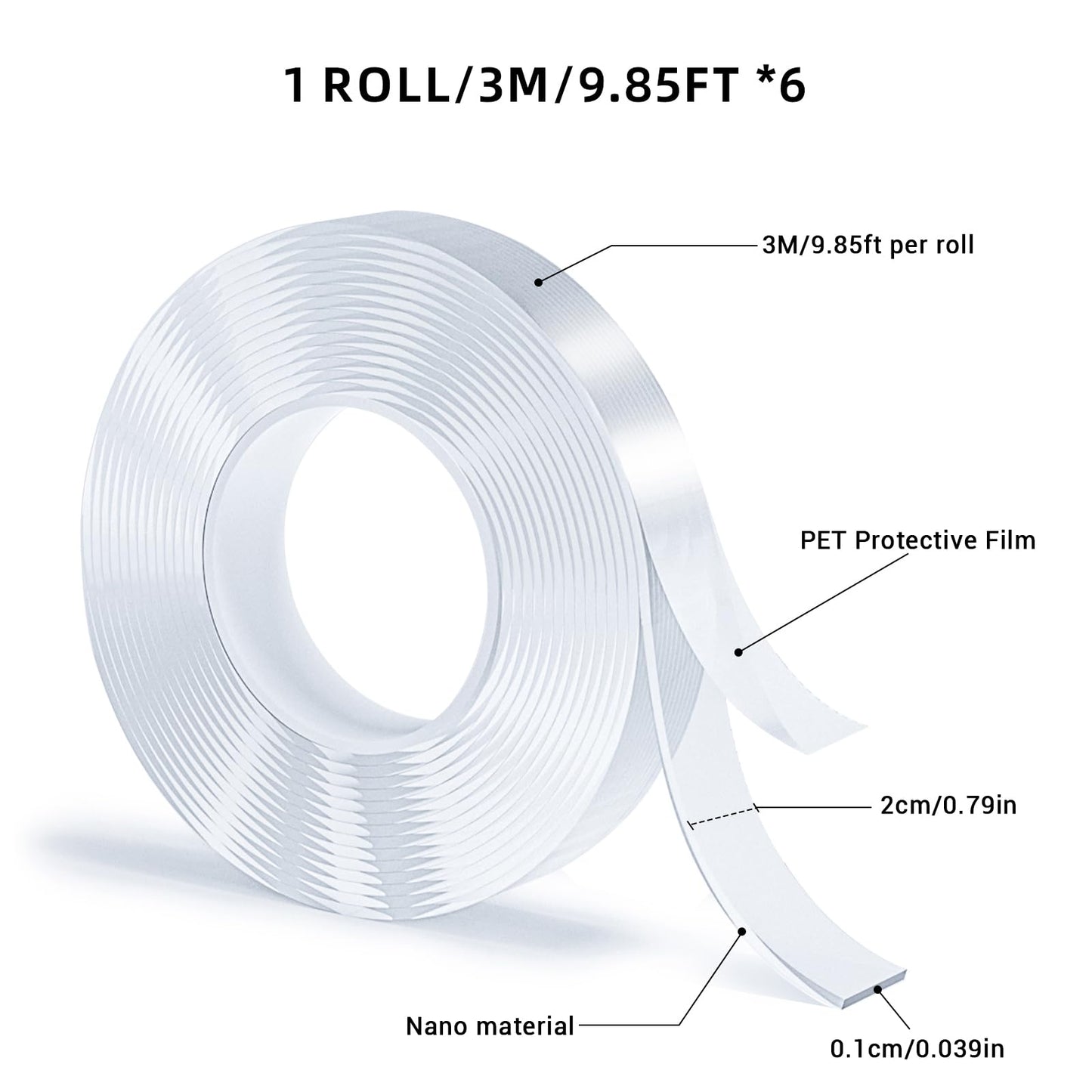 Double Sided Tape, Nano Tape, Transparent Adhesive Tape, Traceless Adhesive Tape, Removable, Washable, Reusable, Suitable for Carpets, Photo Walls, 3m Per Roll, 6 Rolls