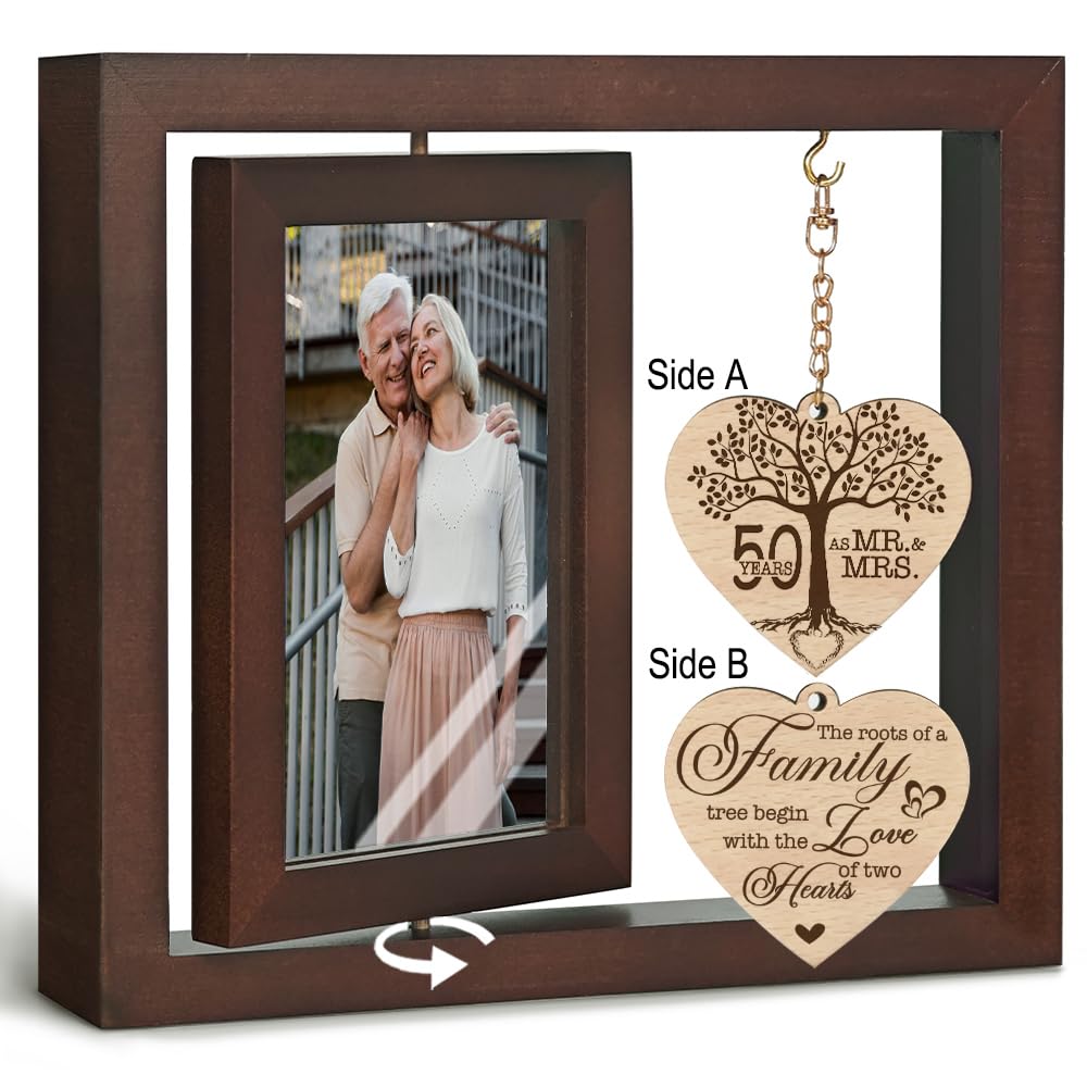 IIILUYOT 50th Anniversary Wedding Picture Frame Gifts for Couple Parents, Rotating Floating Valentine Mother Day Frame Gifts for Husband Wife, Happy 50th Anniversary Marriage Frame Decoration 4x6