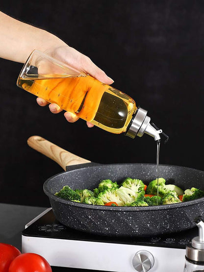Olive Oil Dispenser Bottle, 10 Oz Liquid Condiment Container, Glass Decanter with Dripless Capped Spout and Degree Scale