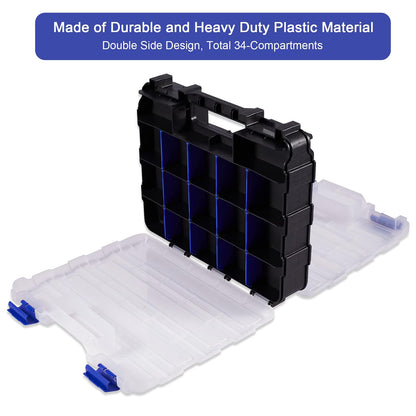AIDY-PRO Small Parts Organizer Box Storage Case Tools Box Organizer Double Side 34 Compartments Hardware Organizers with Removable Plastic Dividers for Screws Nuts Nails Bolts, 2 Pack
