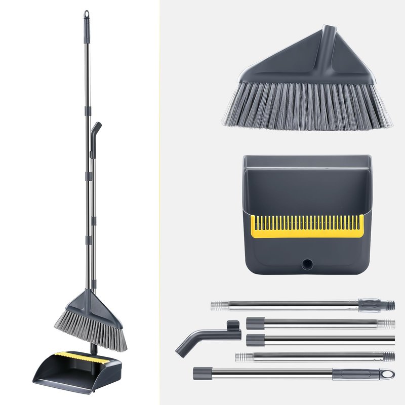 Broom and Dustpan Set for Home with 52 Inch Long Angled Handle - Stand Up Dustpan No Warping Metal Edge, Ergonomic Sweeping, 4 Layer Bristles and Hair Cleaning Teeth for Kitchen Office