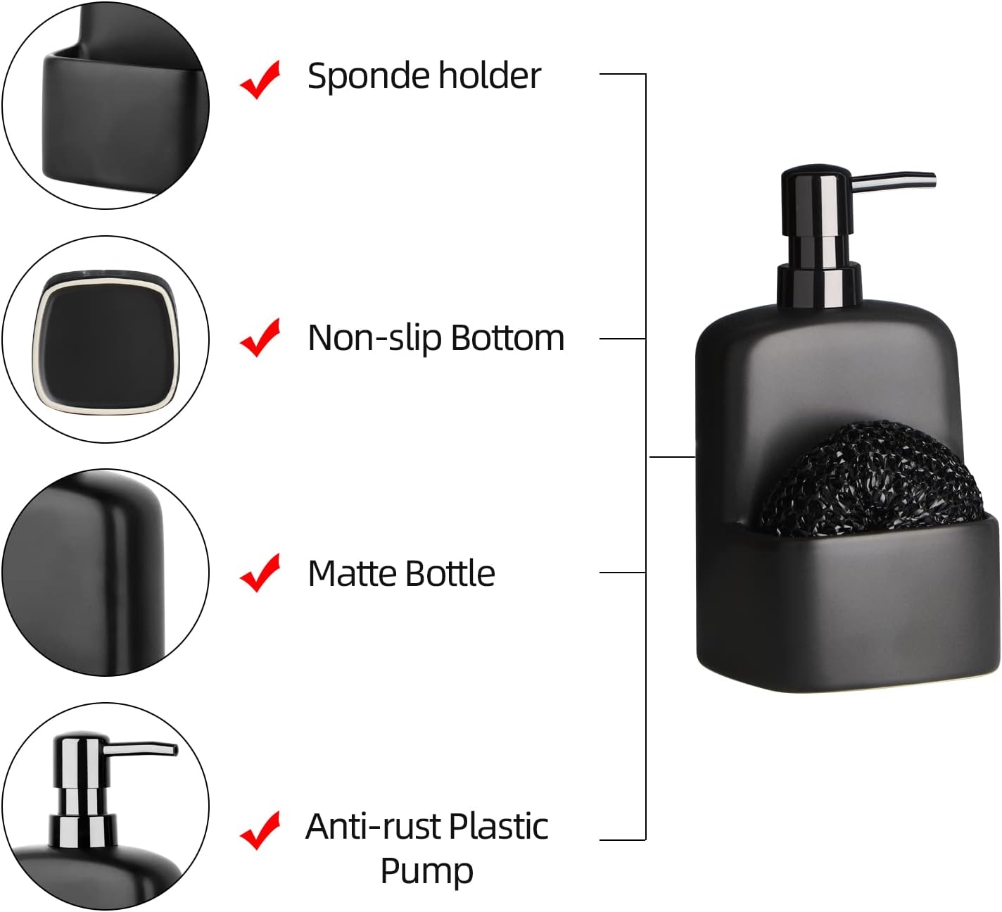 20oz Dish Soap Dispenser - Kitchen Soap Dispenser with Sponge Holder Matte Ceramic Soap Daddy Dispenser for Kitchen