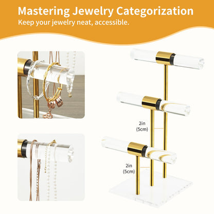 3 Tier Tangle-free Bracelet Display Stands, Acrylic T-Bar Jewelry Display Holder, Clear Gold Necklace Organizer with Stainless Rod, Women Men Vendors Retail Store Counter Jewelry Hanging Stand
