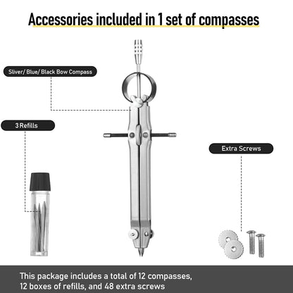 Zonon 12 Pcs Compass for Geometry Drawing Metal Compass with Extra Refills and Screws Circle Maker Back to School Circle Drawing Tool for Math Drafting Measuring Woodworking Office, 3 Colors