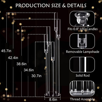 Fullvaseer 8pcs 5 Arm Floor Candelabra,Acrylic Floor Candle Holder for Wedding Centerpiece Tall Clear Candle Holders for Ceremony Birthday Party Home Decoration Fit 0.8 LED Candles