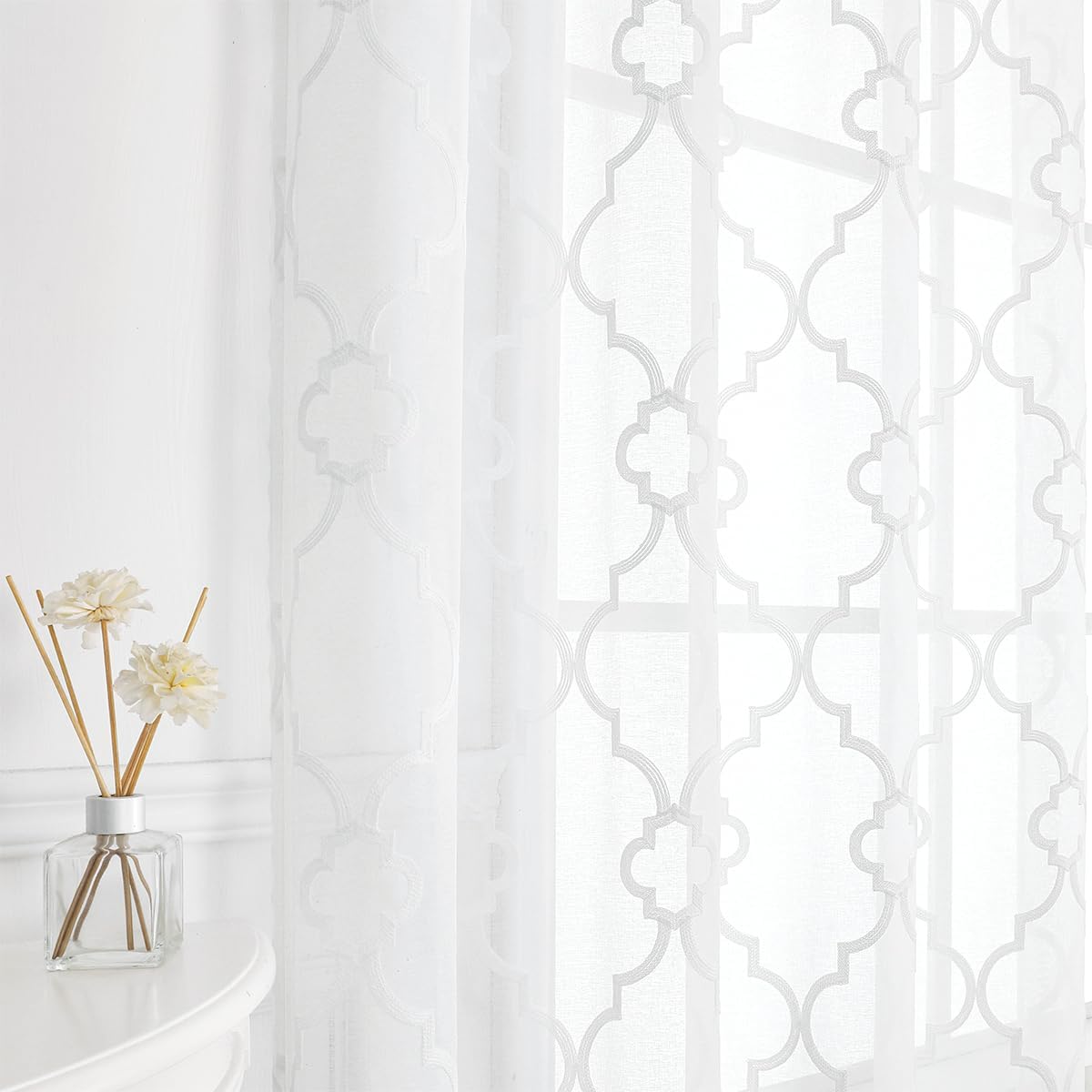 White Sheer Curtains 84 Inches Long, Lattice Geometric Embroidered Semi Sheer Curtain Panels, 52"w x 2pcs, Grommet Top