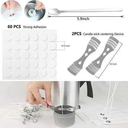 EricX Light Candle Making Kit, 60pcs Candle Wicks, 60pcs Candle Wicks Sticker, 1pc Candle Wax Pouring Pot, 2pcs 3-Hole Wicks Centering Devices, 1pc Mixing Spoon, DIY Candles Craft Tools