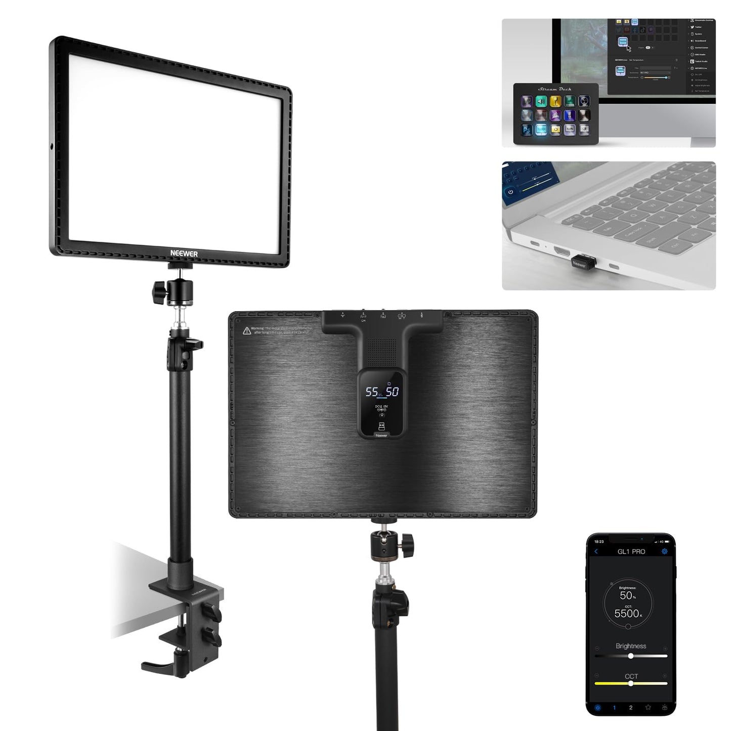 NEEWER 15.5" LED Streaming Key Light, Clamp on Desk Panel Video Lighting for Gaming Recording Zoom Call, CRI97+, 2.4G PC/Mac iOS/Android APP Control, Compatible with Elgato Stream Deck, GL1 PRO Black