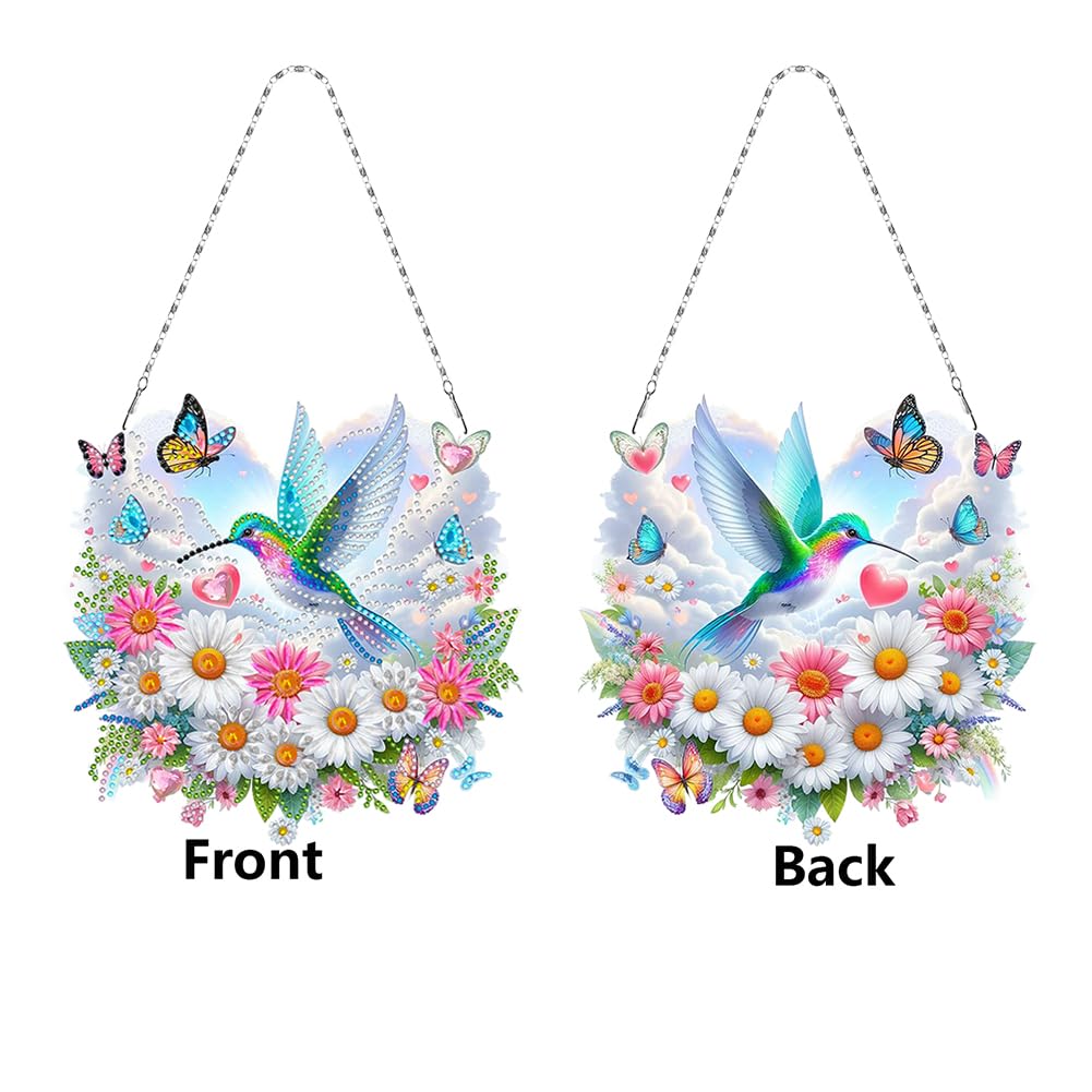 C'eitura Daisy Flowers Hummingbird Cloud Acrylic Special Shape Diamond Art Painting Hanging Pendant Kit - DIY Window Suncatcher for Home Wall Decor, Sparkling Garden Craft