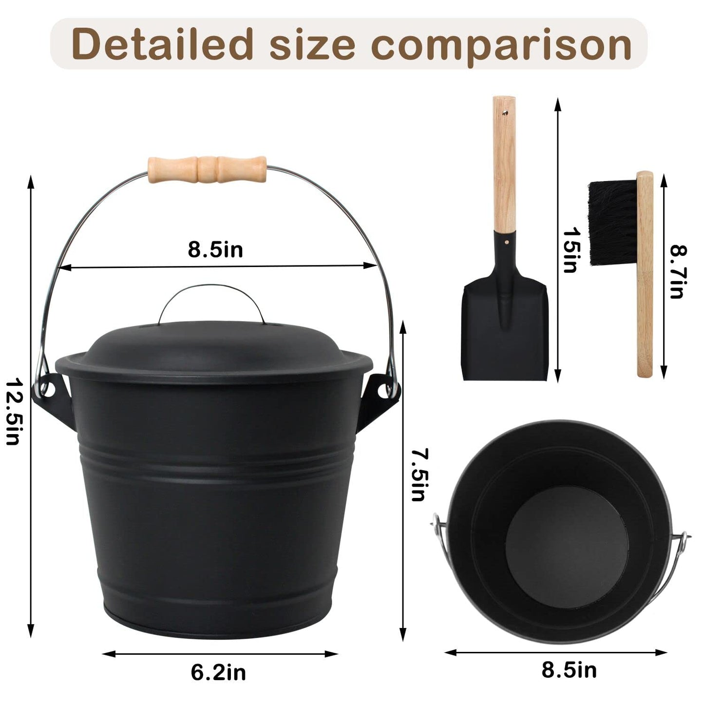 Poofzy Ash Bucket with Lid, Small Fireplace Ash Bucket with Lid and Shovel, 1.3 Gallon Metal Bucket for Fireplace with Hand Broom and Gloves, Fireplace Bucket for Ashes for Wood Stove and Fire Pit