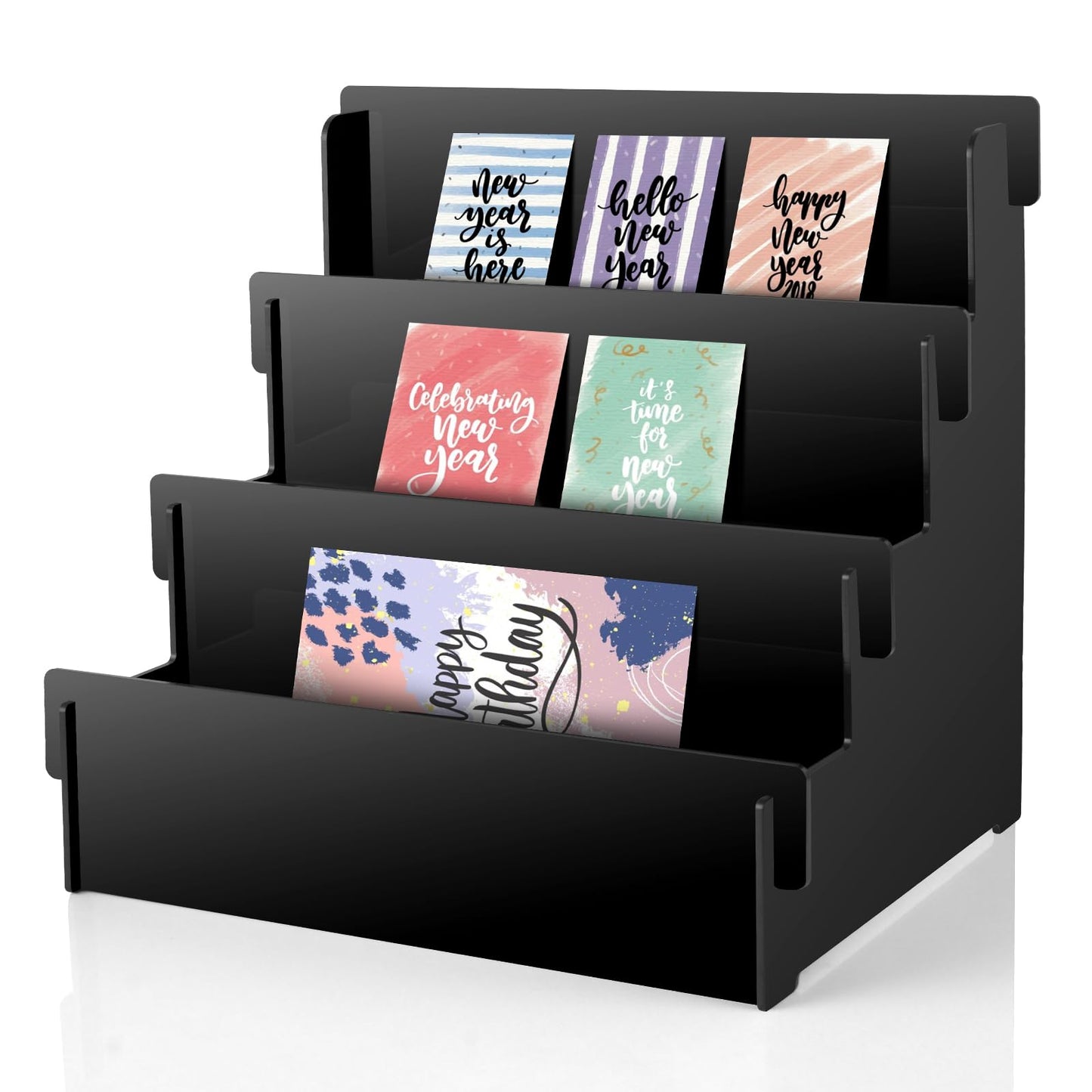 3 Tier Black Acrylic Greeting Card Display Stand Greeting Card Organizer Postcard Display Rack Sticker Display Stand Card Display Shelf Retail Display Stand for Craft Show Vendors Event Counter Table (black)