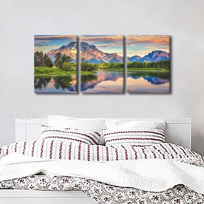 Grand Teton Sunset Landscape Paintings, 3 Panel Wall Art Prints on Canvas, Framed 36" Wx16" H House Decor
