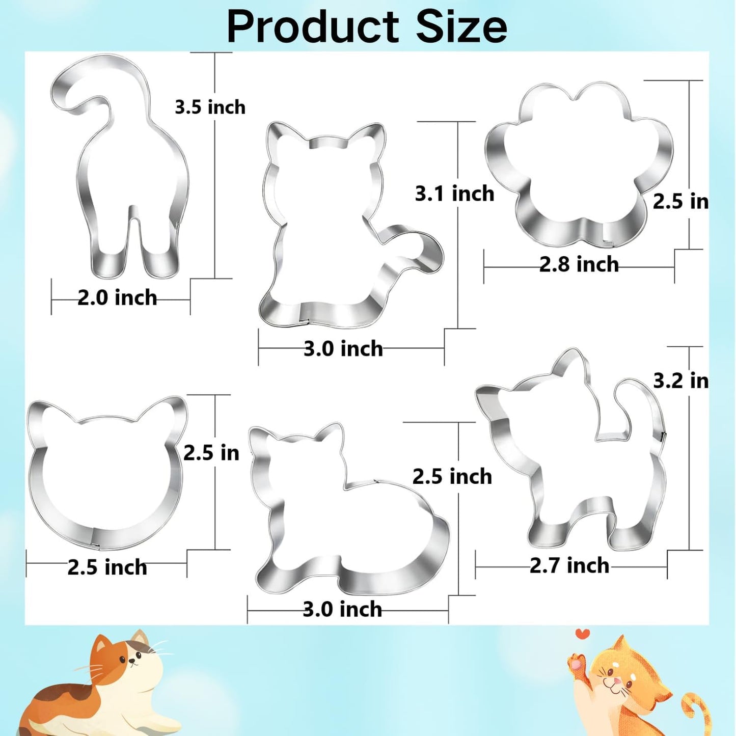 Kitty Cat Cookie Cutter Set, 6 Piece Cat Face, Kitty Butt, Paw and Cute Shapes for Themed Party