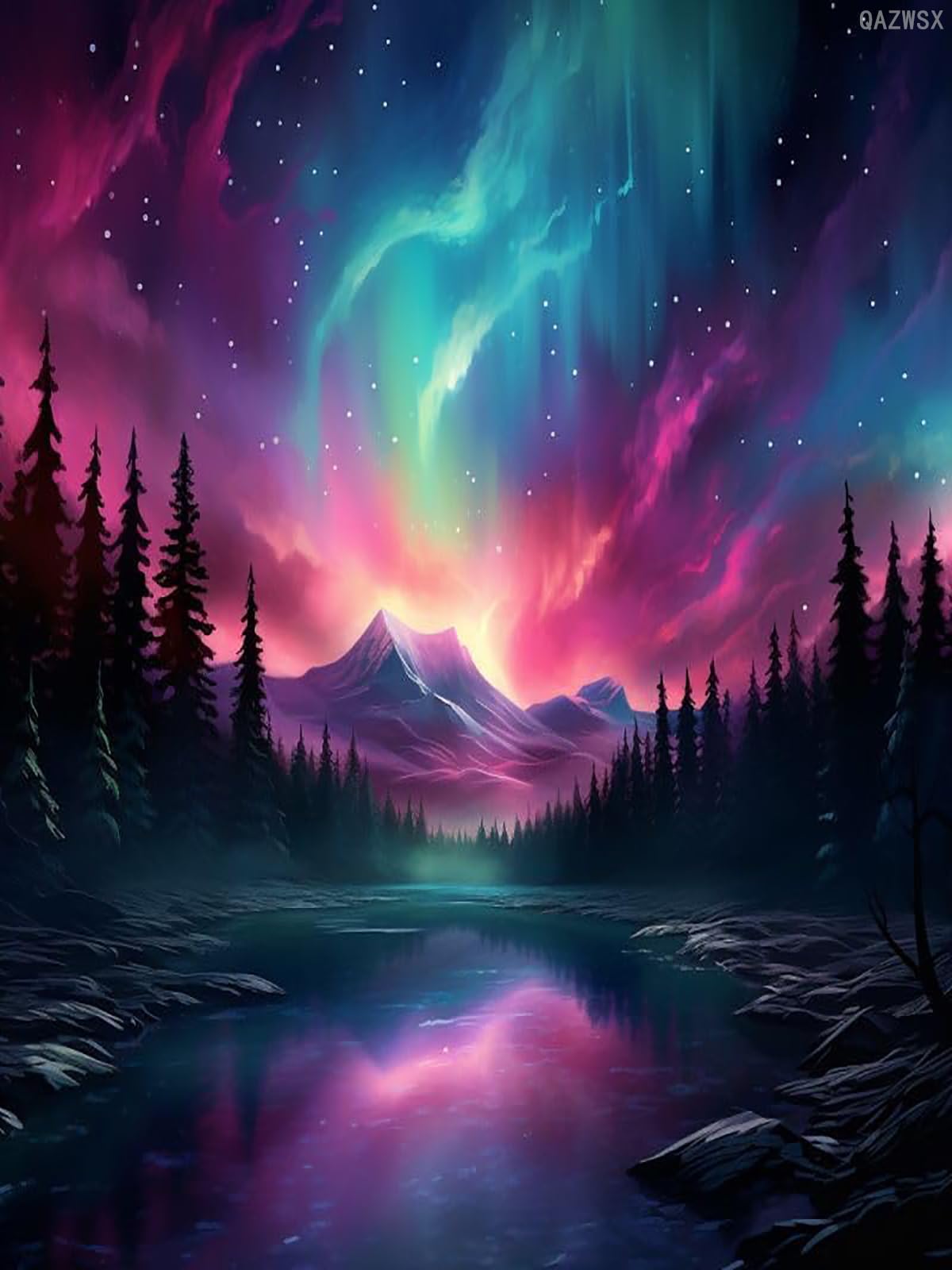 QAZWSX 5D Diamond Art Painting Kit with Round Full Diamond Art for Beginners, Cross Stitch gem Wall Art Home Decor 30x40cm Northern Lights, Mountains, Trees, Lakes