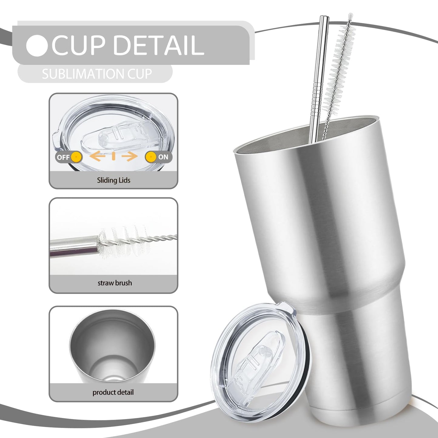 YOUKE OLA 8 Pack Stainless Steel Insulated Tumbler with Lids and Straws Bulk Double Wall Vacuum Insulated Coffee Travel Tumbler for DIY Gift (Silver, 30oz)