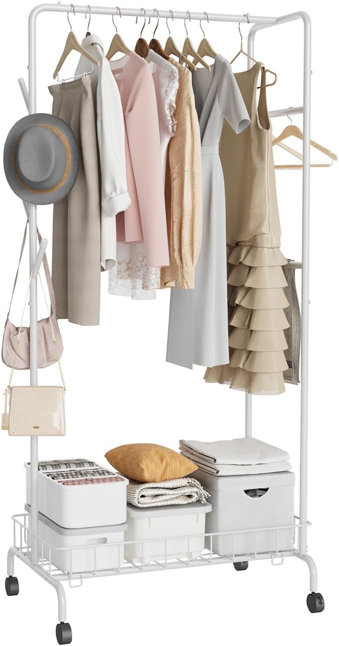 Clothes Rack, Multi-Functional Rolling Garment Rack with Metal Storage Basket and Side Flexing Bar (White)