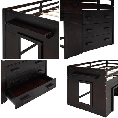 Merax Twin Wooden Loft Bed，Wood Bedframe for Kids Teens， Adults Bedroom with Cabinet, Shelf, Stairs, Espresso