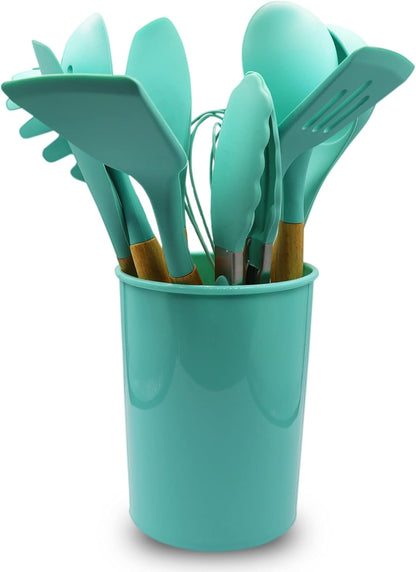 Cheer Collection 12-Piece Silicone Spatula Set with Wooden Handles, Non-Stick Cooking Utensils, Aqua Color