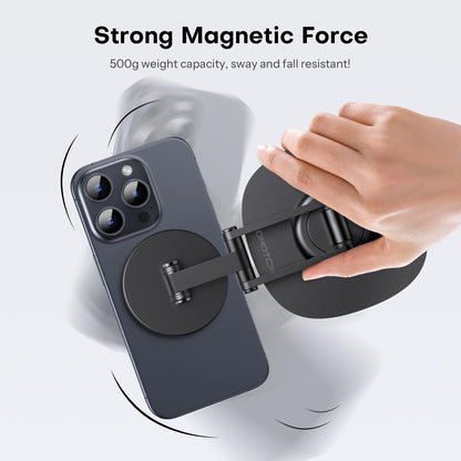 OMOTON 360°Rotating Magnetic Phone Stand for Desk, Adjustable Foldable Aluminum for MagSafe Cell Phone Stand Holder with Non-Slip Base, for iPhone 17/16/15/14 Pro Max Air/MagSafe Case- Black