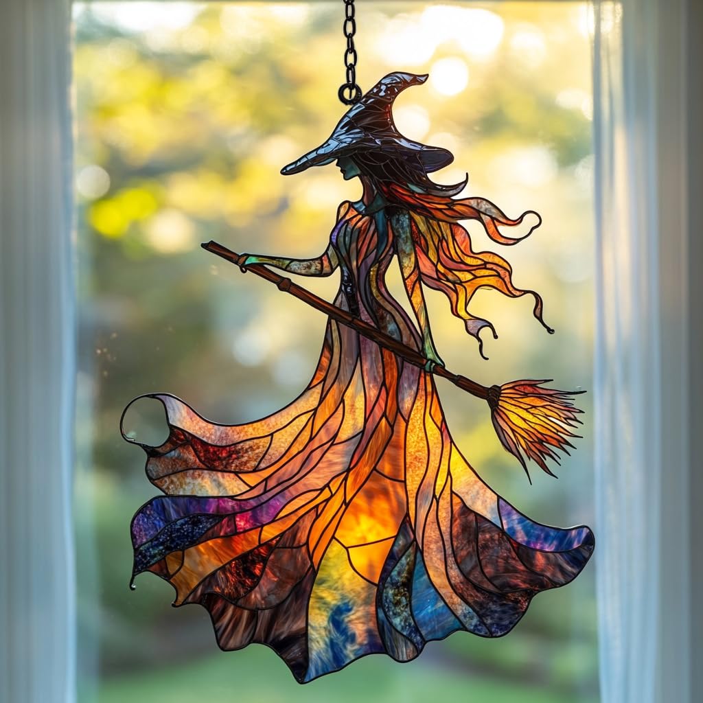 Scary Witch Acrylic Suncatcher Stained Glass Effect Window Car Hanging Christmas Ornament Indoor Outdoor Decor Garden Sun Catcher Panel for Halloween Lover for Women Mom Grandma