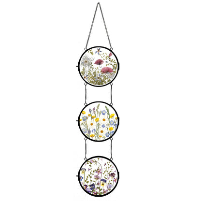 FOCHIER F Linked Round Pressed Flower Frame with Chain, Brass Double Glass Floating Picture Frame for Dried Flowers, Botanical DIY Display, Dynamic Hanging Wall Decor, Aesthetic Gift for Women