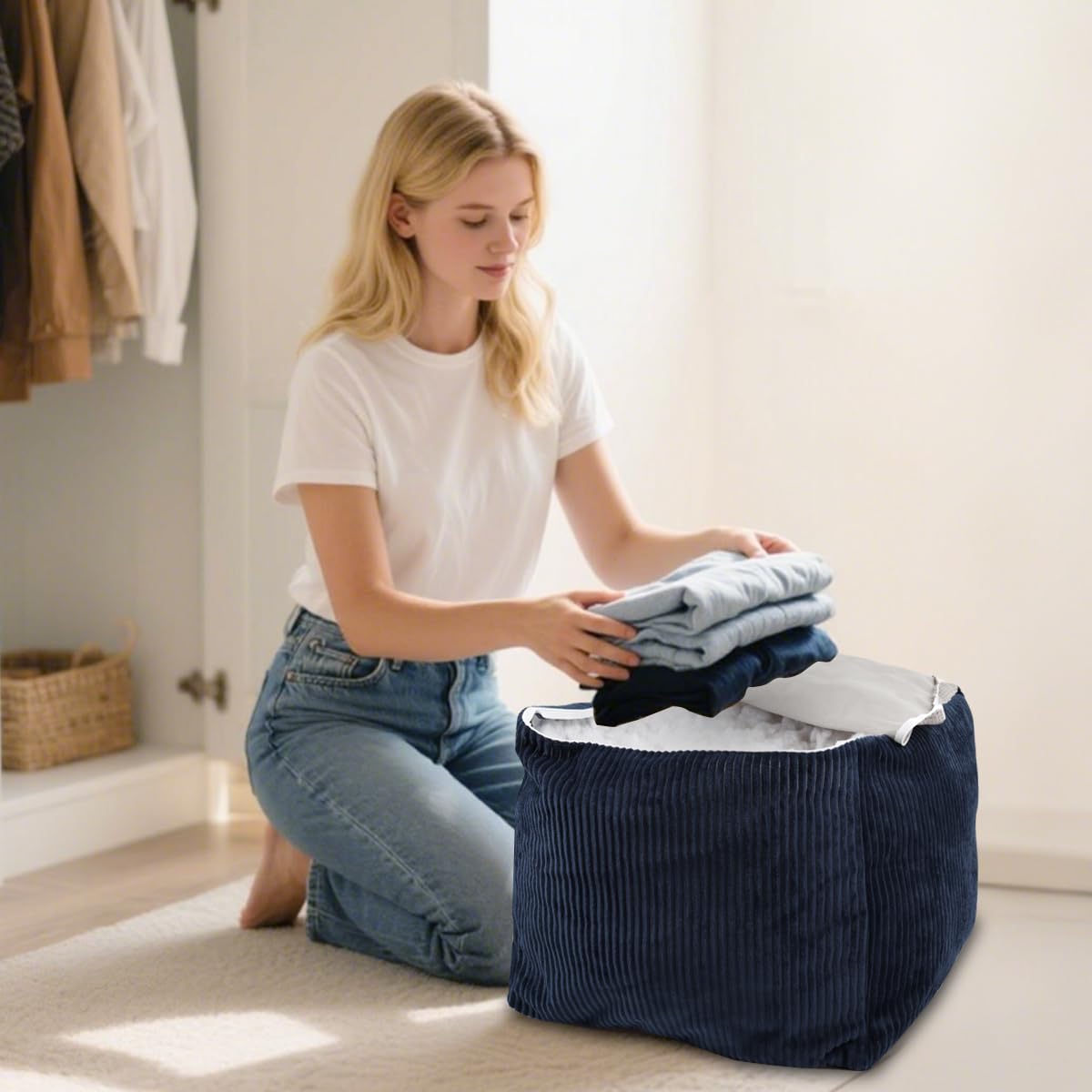 Sexysamba Square Corduroy Pouf Cover Only, 20"x 16" Unstuffed Decorative Ottoman Foot Stool Rest, Washable Storage Bean Bag Chair Floor Pouf Covers for Living Room Bedroom, Beige