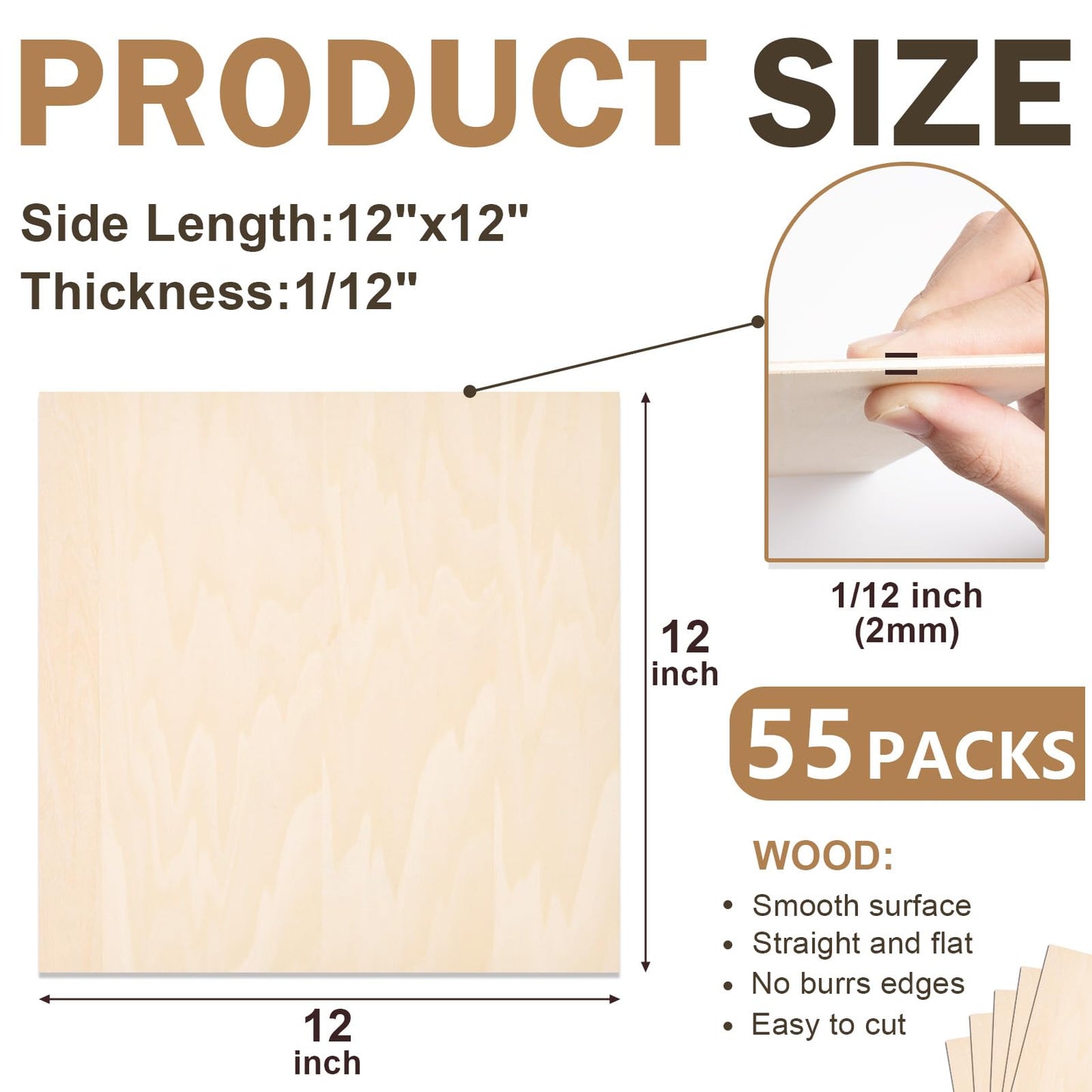 MITINU 55 Pack Basswood Sheets for Crafts,12"x12"x1/12 2mm Thick Plywood Sheets with Smooth Surfaces-Unfinished Squares Wood Boards for Laser Cutting, Wood Burning, Architectural Models, Staining