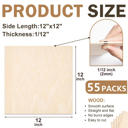 MITINU 55 Pack Basswood Sheets for Crafts,12"x12"x1/12 2mm Thick Plywood Sheets with Smooth Surfaces-Unfinished Squares Wood Boards for Laser Cutting, Wood Burning, Architectural Models, Staining