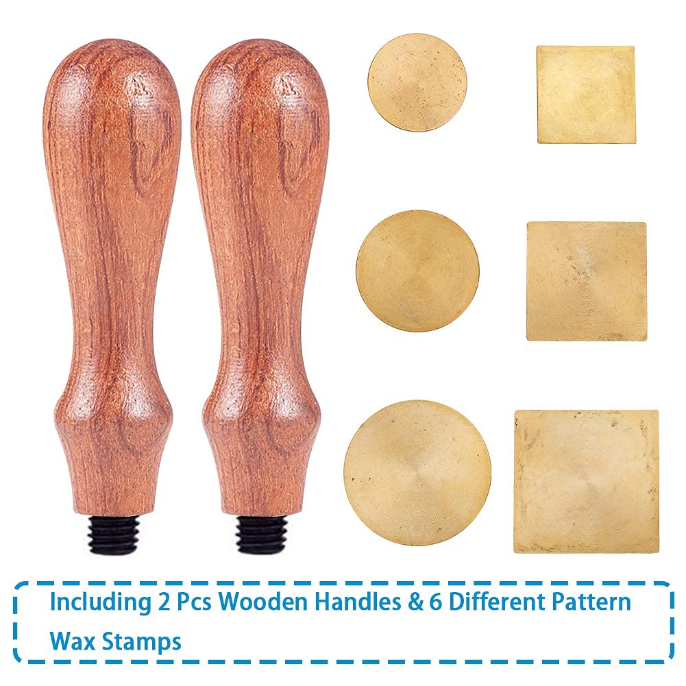 CRASPIRE Blank Wax Seal Stamp Set 6PCS Sealing Solid Brass Stamp Head 20-30.5mm Round Square+2PCS Wood Handle Retro Removable Brass Stamp Kit for Letter Envelope Invitation Wedding Gift Decoration