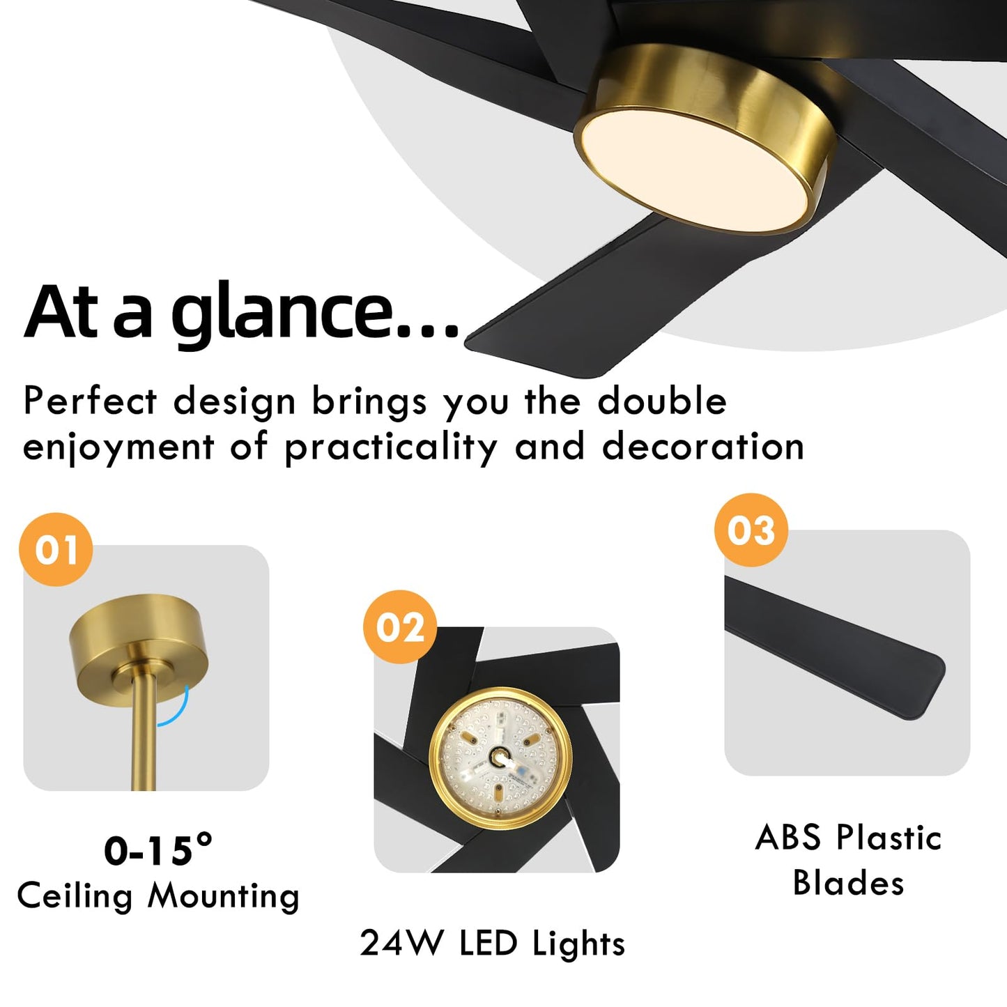 WINGBO 64" ABS DC Ceiling Fan with Lights, 5 Blade ABS Plastic Ceiling Fan with Remote, 6-Speed Reversible DC Motor, LED Ceiling Fans for Kitchen Bedroom Living Room, Brass and Matte Black