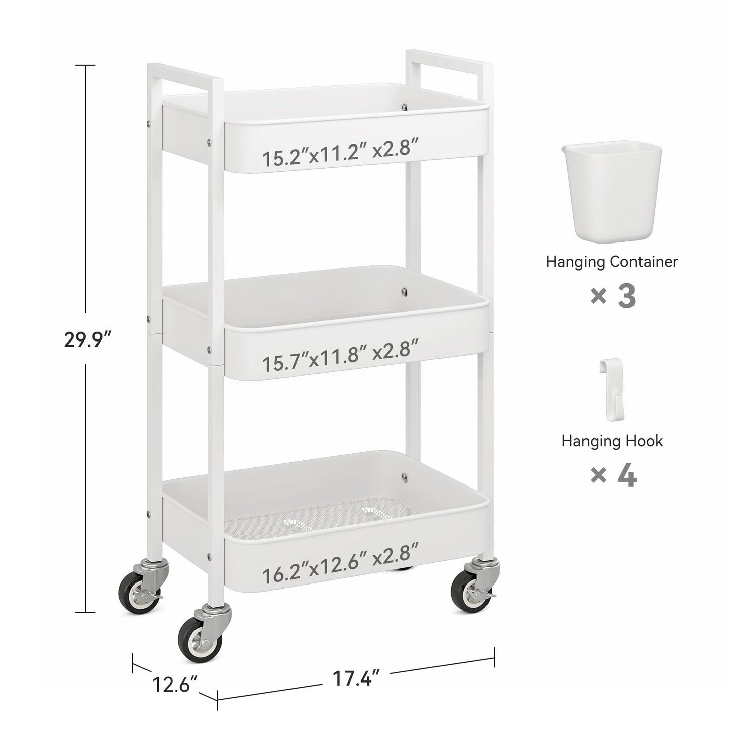 Nunsino 3 Tier Rolling Cart,Utility Cart with Locking Wheels, Hanging Cups,&Hooks, Heavy Duty Metal Storage Organizer Cart for Kitchen,Office, Bathroom,Craft Room,White