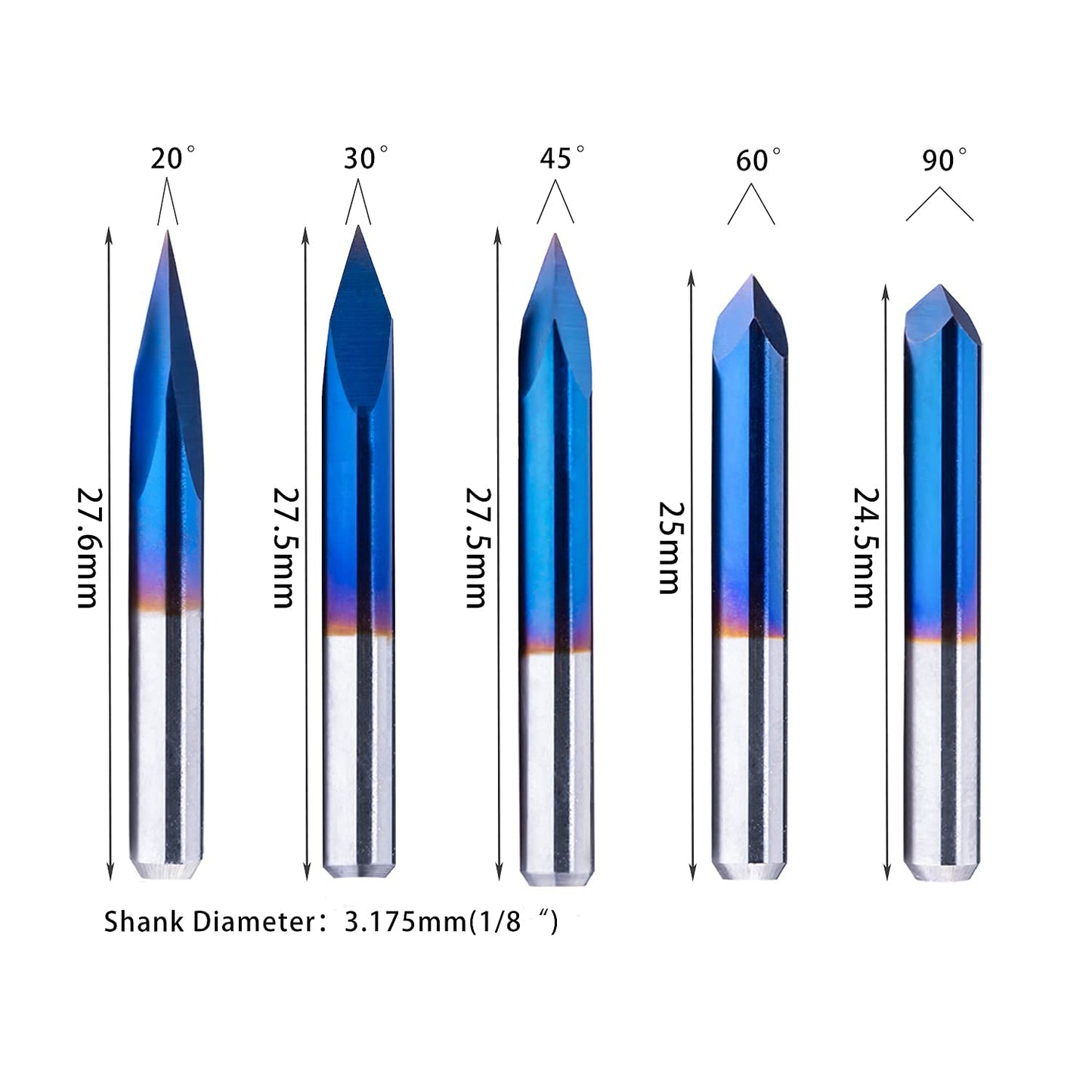 FoxAlien 20/30/45/60/90deg 0.1mm Triangular CNC Router Bits Set, 1/8" Shank Engraving Carving V-Bit with Nano Blue Coating Sharp Pyramid Bits for Acrylic Wood MDF Aluminum Lettering Sign Making