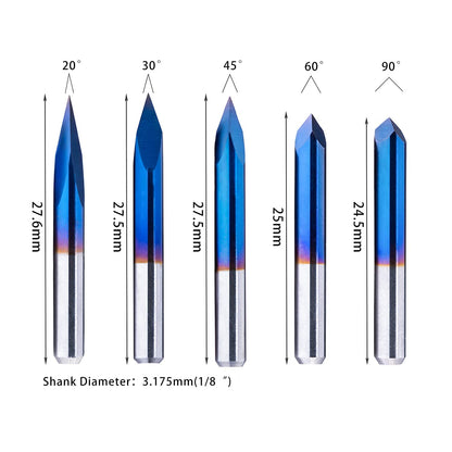 FoxAlien 20/30/45/60/90deg 0.1mm Triangular CNC Router Bits Set, 1/8" Shank Engraving Carving V-Bit with Nano Blue Coating Sharp Pyramid Bits for Acrylic Wood MDF Aluminum Lettering Sign Making