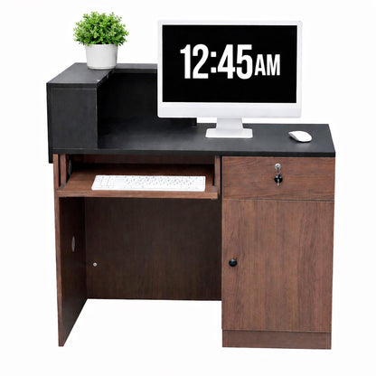 Modern Reception Desk with Storage Drawer & Counter Shelf, 39.4" Front Counter Reception Table for Office, Salon, Lobby, Retail Store (Walnut, Left Table)