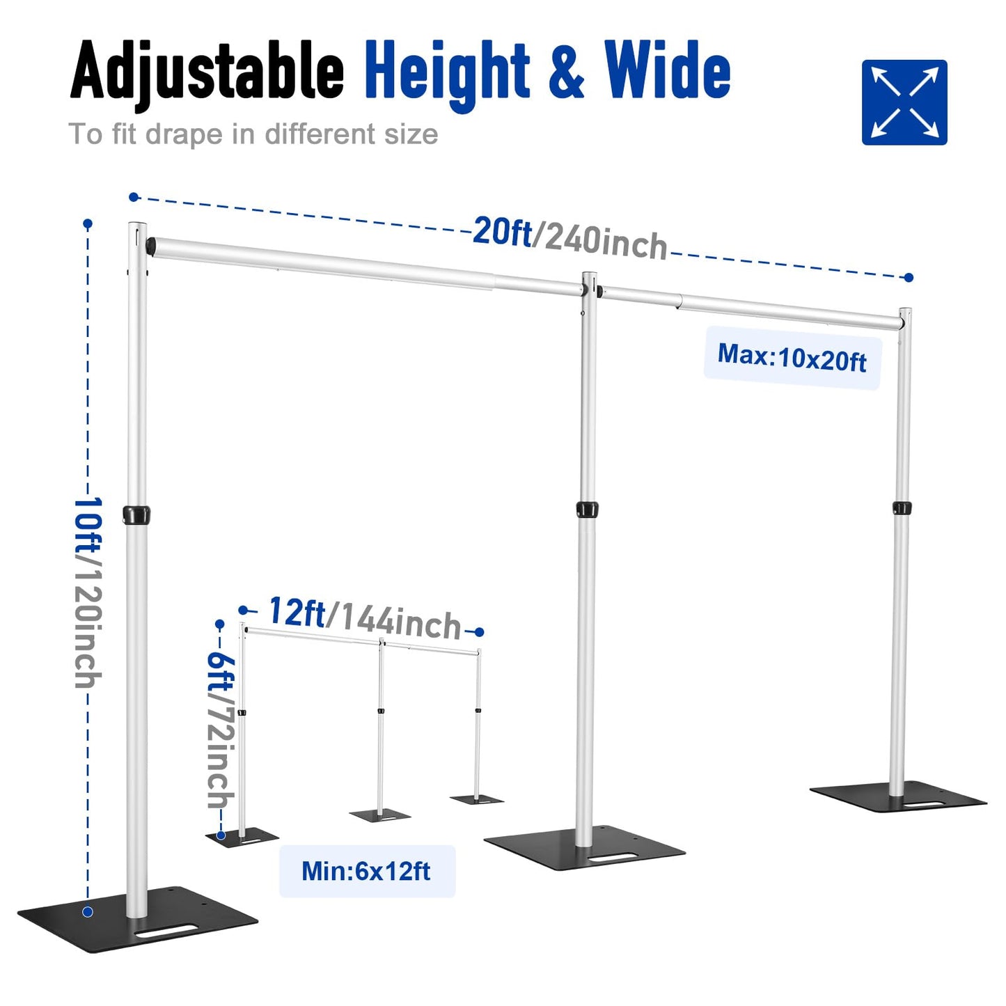 Hecis Heavy Duty Backdrop Stand, 10x20Ft Double Crossbar Pipe and Drape Stand Kit, Adjustable Banner Stand, Back Drop Stand for Party Event, Trade Shows & Wedding Decor