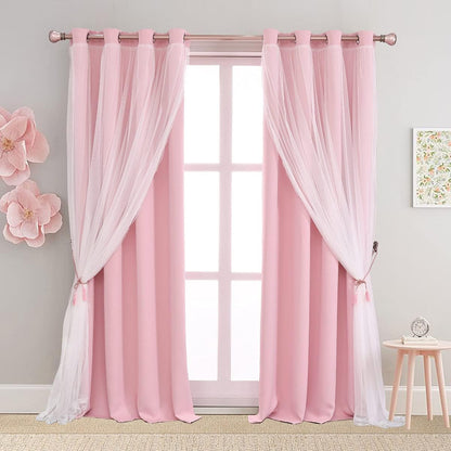 2 52x84 Inches Pink Blackout Curtains with Sheer Overlay, Panels, Thermal Insulated & Soundproof, Lace Trim