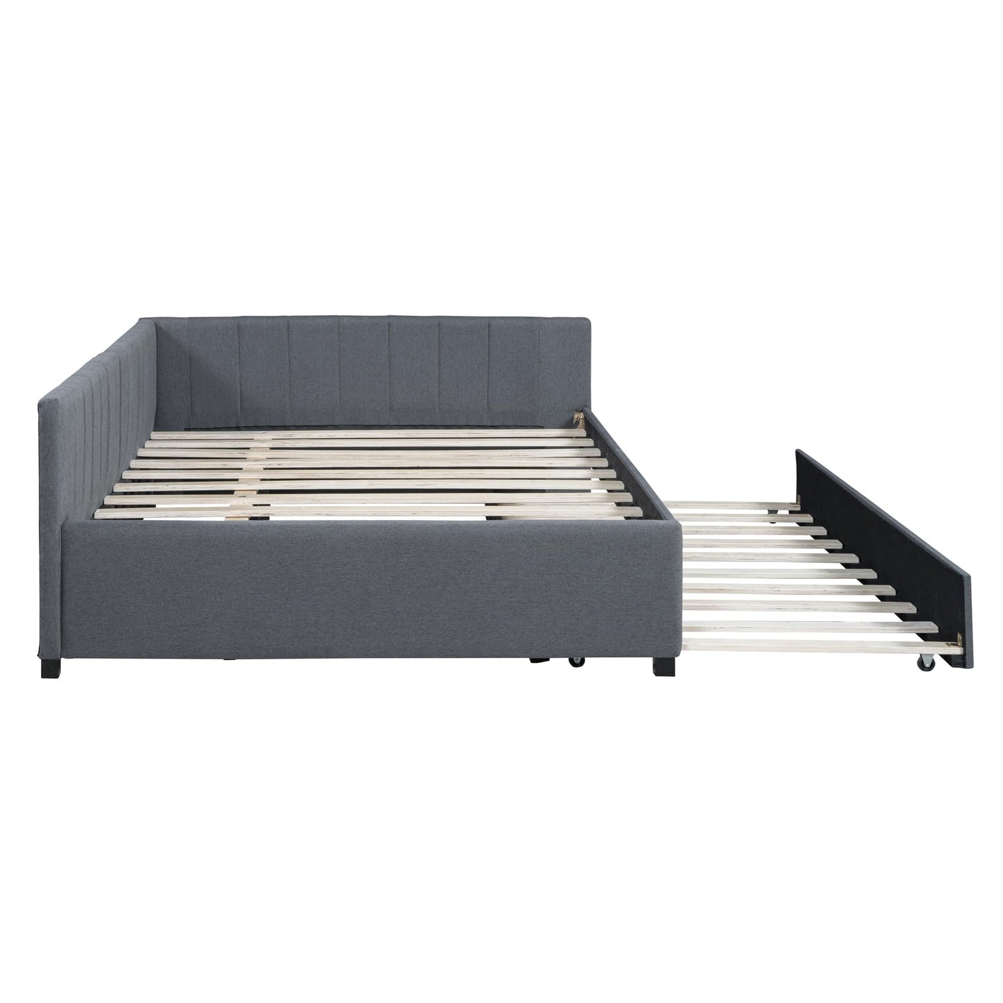 Merax Upholstered Daybed with Trundle, Gray Linen Full Size Sofa Bed Frame, No Box Spring Needed