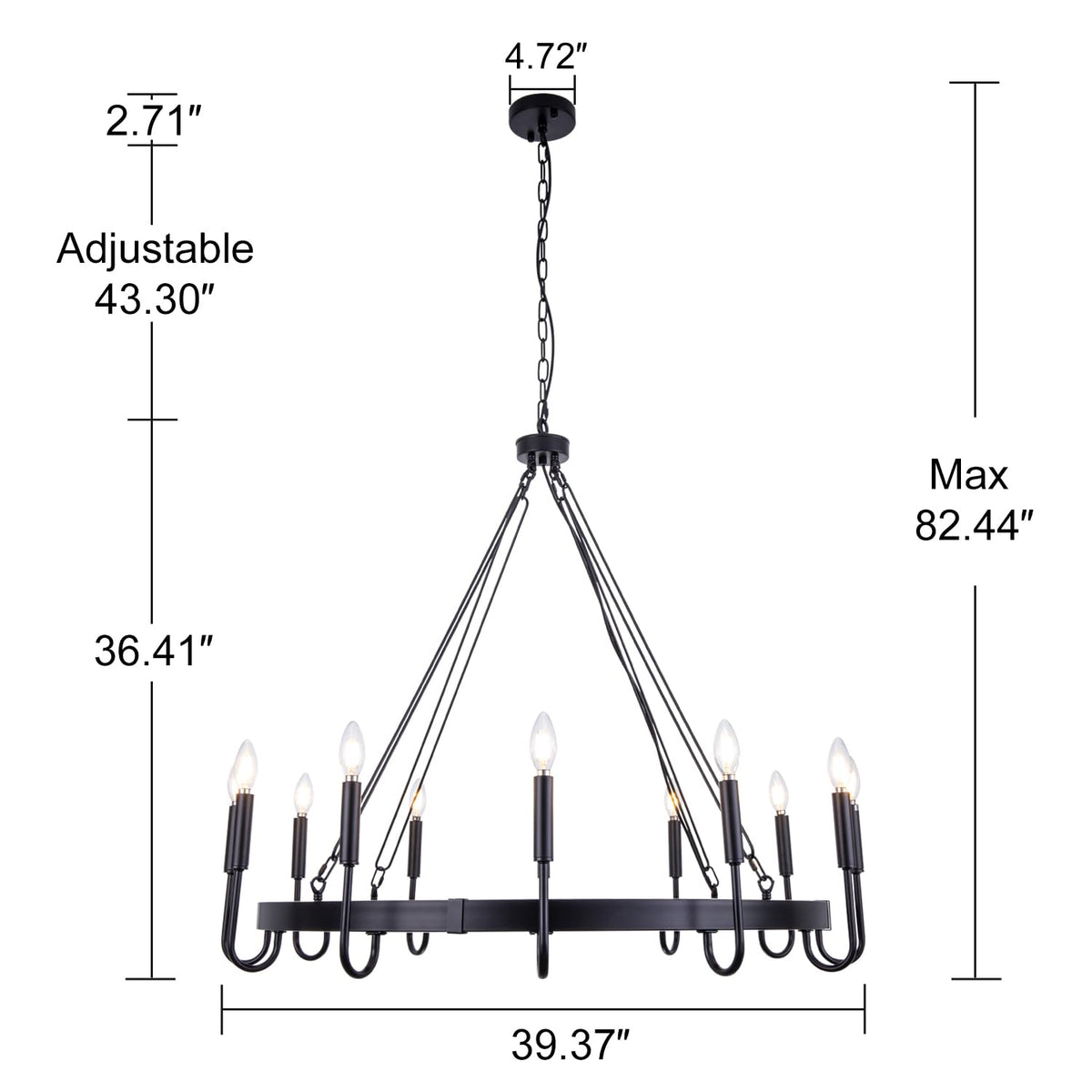 Wellmet Matte Black Wagon Wheel Chandelier, 12-Light Large Black Chandelier for High Ceiling, Industrial Wagon Wheel Pendant Light for Dining Room, Entryway, Hallway, Living Room, 39.37Inch Dia