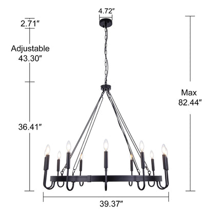 Wellmet Matte Black Wagon Wheel Chandelier, 12-Light Large Black Chandelier for High Ceiling, Industrial Wagon Wheel Pendant Light for Dining Room, Entryway, Hallway, Living Room, 39.37Inch Dia
