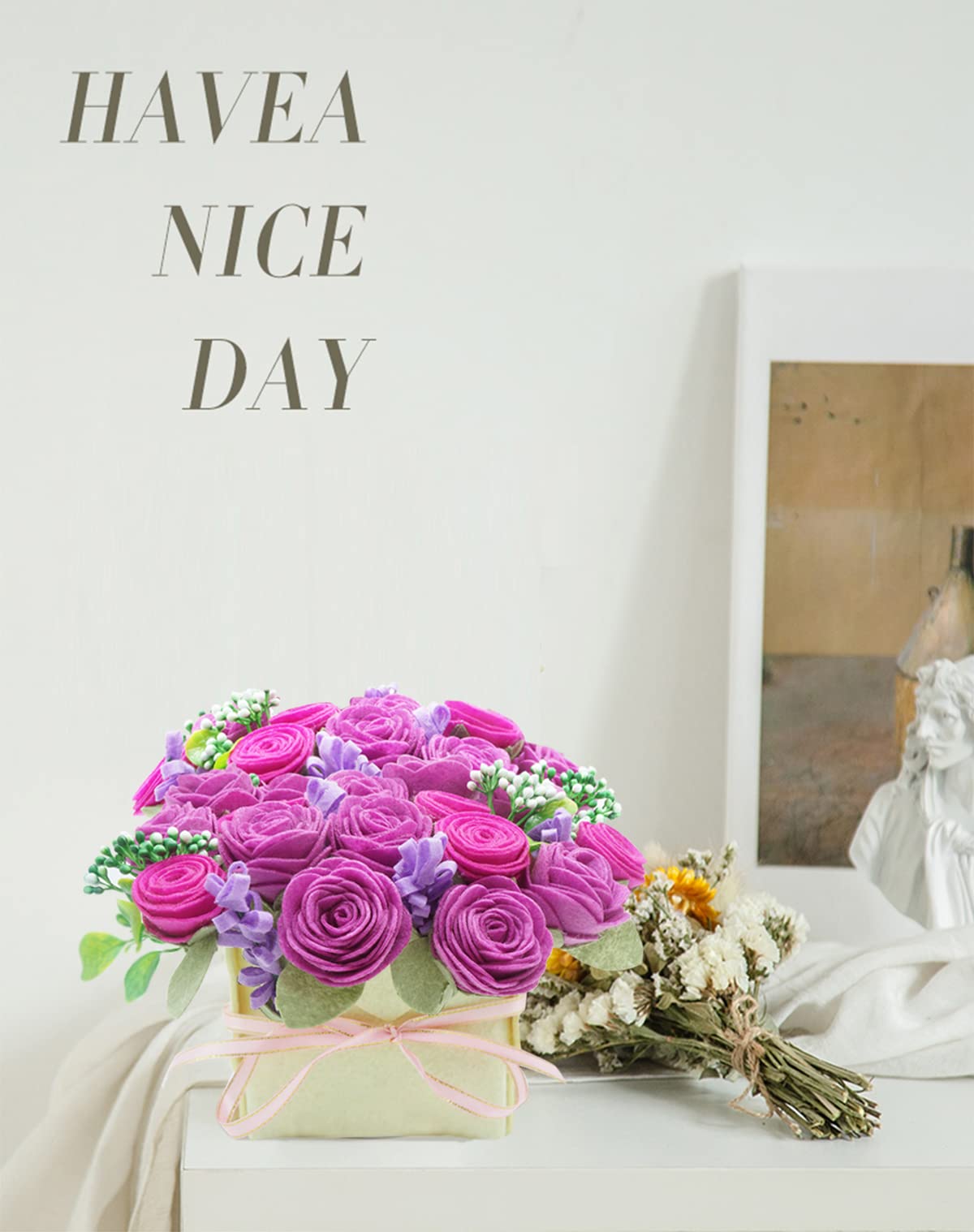 BAZIMA DIY Felt Flower Art Craft Kit - Felt Rose and Lavender Kit, Floral Gifts - Arrange Pre-Cut Flowers and Foliage