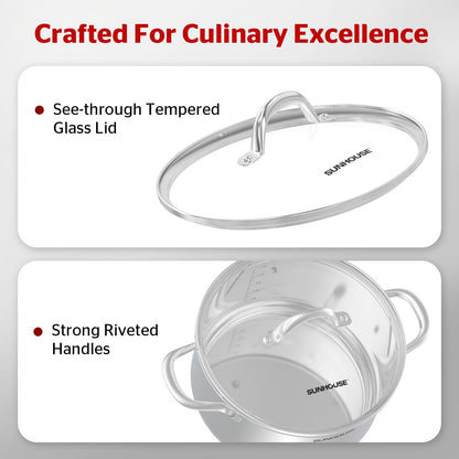 SUNHOUSE Stainless Steel Stock Pot - 16 Quart Heavy-Duty Induction Cooking Pot with Visible Lid for Pasta, Soup, Spaghetti - Nonstick Thick-Bottom Deep Stockpot for Canning, Boiling, and Simmering
