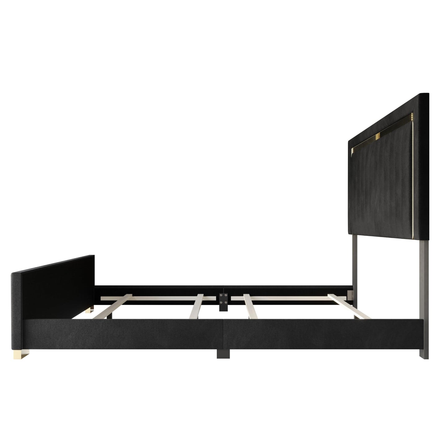 HOME DESIGN Olathe King Size Upholstered Panel Bed Frame, Vertical Channel Tufted Headboard with Gold Metal Accent, Velvet Fabric, Platform Design, Box Spring Required, Black