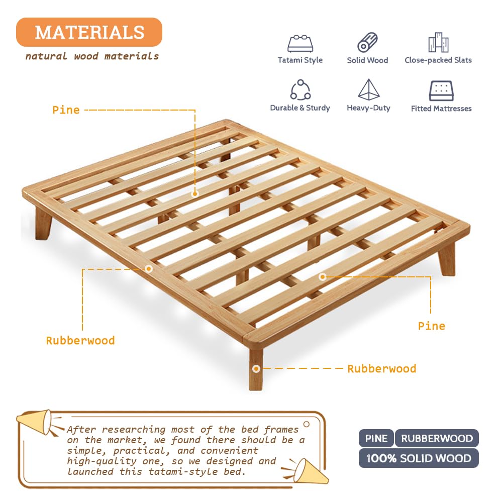 NELYE Full Platform Bed Base - 14 Inch Solid Wood Mattress Foundation with Support Slats and Legs, Full-Size Rubberwood Simple Bed Frame