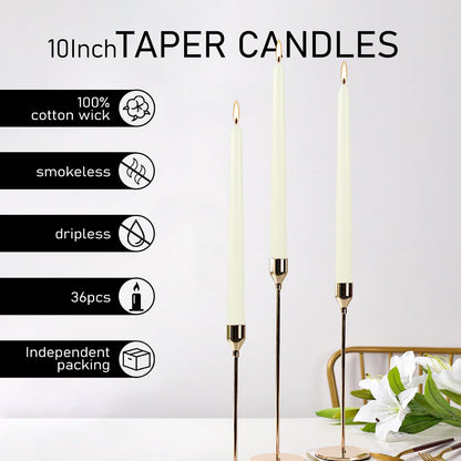 36 Pack Ivory Taper Candles 10 inch(H) Dripless, Smokeless & Unscented - Long Burning Time - Hand Poured Tall Candlesticks - Ideal for Restaurant,Weddings, Dinner Parties, and Home Decor