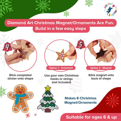Little Jupiter DIY Magnet & Diamond Art Christmas Ornaments for Kids Set - Makes 8pcs - Crafts - Diamond Art Kits for Kids - Ornament Kits