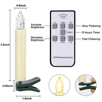 Kuandawei LED Christmas Candles, Flickering Clip on Candles for Christmas Tree, Battery Operated with Remote Timer, Warm White Light, Flameless Taper Candle for Home Christmas Decor, Set of 30