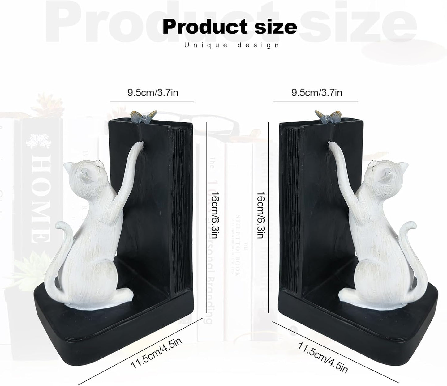 1 LIFFY Decorative Bookends, Heavy Duty Resin Cat Bookends, Non-Skid Bookshelf Stopper, Cute Cat Figures for Shelves