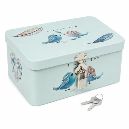 LOGOFUN Retro Style Rectangle Tinplate Storage Box with Padlock Two Birds Pattern Small Metal Keepsake Container Tin Case for Kids Girls Boys Gifts